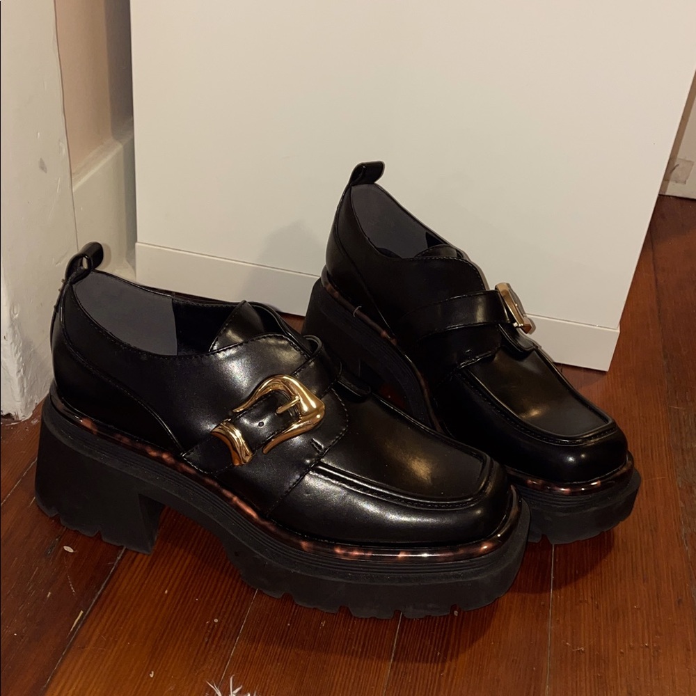 Sam Edelman Circus NY Black Chunky Loafers with Gold Buckle